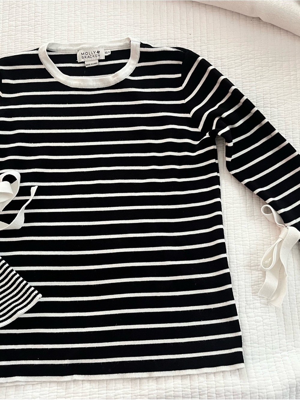 Molly Bracken Black and White Striped Scoop Neck Sweater with Sleeve Ties